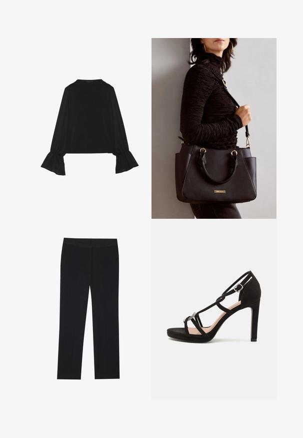 Mustsärgid musta tooniga, pika varrukaga, flöödid käised, pehme tekstuur ja vabalt langev lõige, lihtsa ümaraga kaelusega.; Mustad püksid otse lõikega, küljetaskud ja sile kangatekstuur. Minimalistlik detailide valik, puhas vöökoht.; Mustad sametist kõrge kontsaga sandaal, millel on ristuvad rihmad, dekoratiivne hõbedatooniline aksessuaar ja platvormpõhi lisakõrguse jaoks.; Musthave must kott, millel on tekstuurne pind, kaks ülemist käepidet ja reguleeritav õlarihm. Omab kuldse tooni riistu ja külgtaskuid.