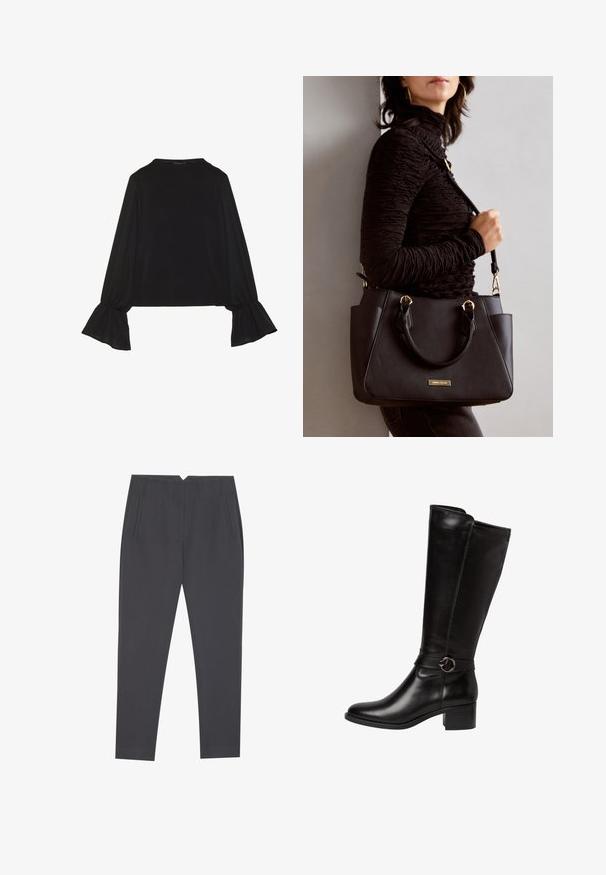 Black long-sleeve top featuring flared cuffs, soft texture, and a relaxed fit, with a simple round neckline.; Dark gray tapered trousers with side pockets and front pleats, designed for a tailored fit.; Black leather knee-high boot with a rounded toe, a decorative strap with a circular buckle, and a low block heel. Smooth, shiny texture.; Black handbag with textured surface, dual top handles, and adjustable shoulder strap. Features gold-tone hardware and side pockets.