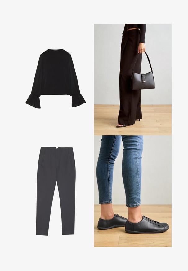 Top preto de mangas longas com punhos largos, textura suave e um corte descontraído, com um simples decote redondo.; Calças cinza-escuras ajustadas com bolsos laterais e pregas frontais, desenhadas para um ajuste sob medida.; Sapatos de couro pretos com ponta arredondada, perfil baixo e design com atacadores. Combinando com jeans ajustados azuis e fundo de piso de madeira.; Bolsa preta com forma estruturada, textura suave e um fecho metálico. Combinada com calças largas pretas e sandálias de salto aberto sobre um chão de madeira.