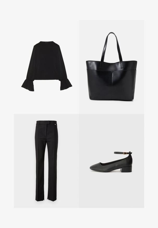Svart langermet topp med utsvingte mansjetter, myk tekstur og avslappet passform, med enkel rund hals.; Svarte skreddersydde bukser med rett ben-design, som har en midje med knappeåpning og sidesplitter i bunnen.; Sorte skinnpumper med spiss tå og lav blokkhelt. Har ankelrem med gullfarget spenne. Glatt tekstur.; Svart lær toteveske med to lange håndtak, en glatt tekstur og en strukturert form. Har en frontlomme for ekstra oppbevaring.