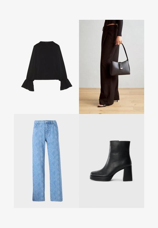 Mustsärgid musta tooniga, pika varrukaga, flöödid käised, pehme tekstuur ja vabalt langev lõige, lihtsa ümaraga kaelusega.; Heledad sinised teksad, millel on tekstureeritud maduprindiga muster, sirge jalgade disain, viis taskut ja metallne nööp. ; Must musta ankle boot, milleplokk-konts ja platvormi tallaga, vaadatud küljelt ühetoonilise valge tausta peal.; Must musta kott, millel on struktureeritud kuju, sile tekstuur ja metallist klamber. Kombineeritud laiate mustade pükstega ja avatud varvaste sandaalidega puidust põrandal.