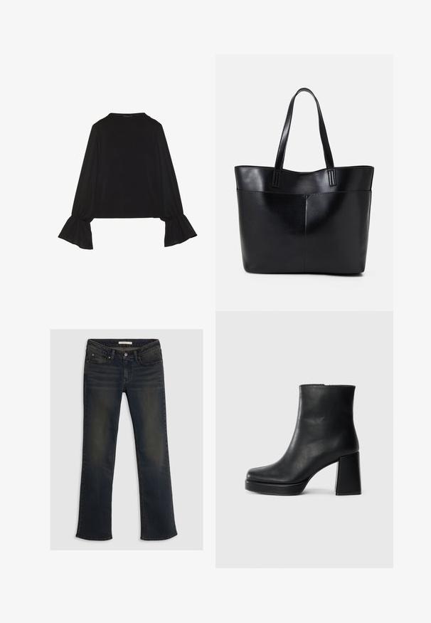 Maglietta nera a maniche lunghe con polsini svasati, texture morbida e vestibilità rilassata, con un semplice collo rotondo.; Jeans in denim blu scuro con design a gamba dritta, cinque tasche e dettagli di sfumatura discreti. Chiusura con bottone superiore e passanti per cintura.; Stivale alla caviglia in pelle nera con tacco a blocco e suola platform, visto di lato su uno sfondo bianco uniforme.; Borsa a tracolla in pelle nera con due manici lunghi, una texture liscia e una forma strutturata. Presenta una tasca frontale per ulteriore spazio di archiviazione.