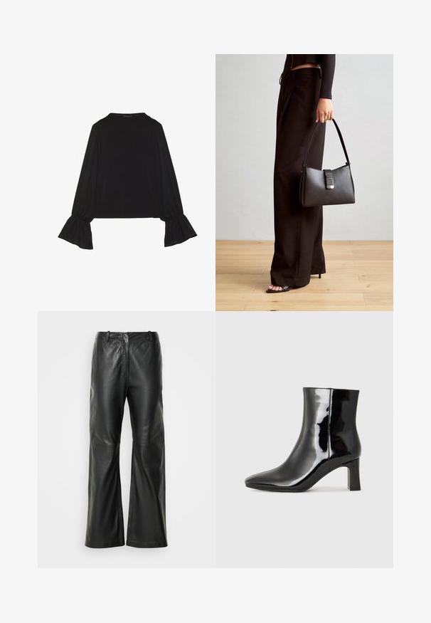 Black long-sleeve top featuring flared cuffs, soft texture, and a relaxed fit, with a simple round neckline.; Black leather wide-leg pants with a smooth texture, featuring a mid-rise waistband and minimal stitching detail on the front.; Black patent leather ankle boot with a pointed toe and a mid-height block heel. Smooth texture and minimalist design.; Black handbag with structured shape, smooth texture, and a metallic clasp. Paired with wide black pants and open-toe sandals on wooden floor.