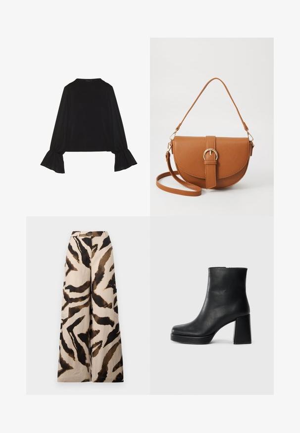 Black long-sleeve top featuring flared cuffs, soft texture, and a relaxed fit, with a simple round neckline.; Wide-leg trousers made of lightweight fabric, featuring a beige base with a brown and black tiger stripe pattern and side pockets.; Black leather ankle boot with a block heel and platform sole, viewed from the side on a plain white background.; Brown leather crossbody bag with a curved shape, gold hardware, and a buckle accent. Features a detachable shoulder strap.