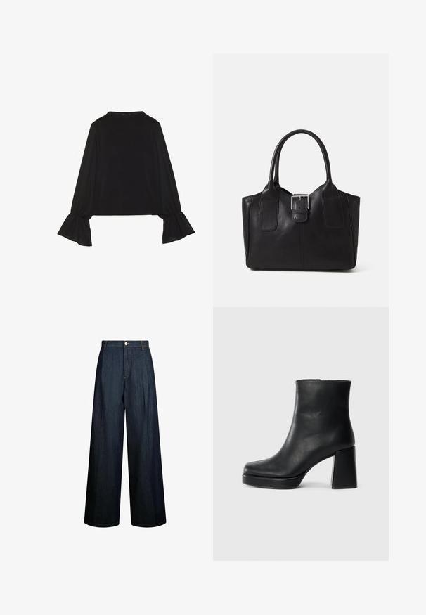 Juoda ilgomis rankovėmis palaidinė su išsiplėtusiais rankogaliais, minkšta tekstūra ir laisva forma, su paprastu apvaliu kaklu.; Platūs džinsai iš tamsiai mėlynos džinsinio audinio, su aukštu liemeniu, matomomis siūlėmis ir priekiniais mygtukais. Minimalistinis dizainas.; Juodas odinis kulkšninis botas su bloku ir platformos padu, matomas šoniniu vaizdu ant balto fono.; Juodas odinis nešiojamas krepšys su lygiu paviršiumi, struktūrine forma, dviem rankenėlėmis ir ryškiu sidabriniu sagties akcentu priekyje.