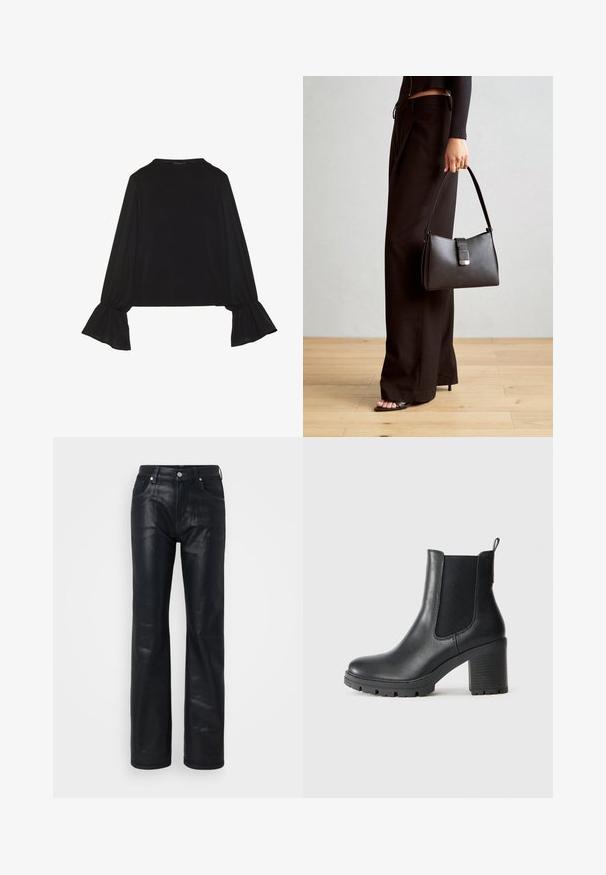 Mustsärgid musta tooniga, pika varrukaga, flöödid käised, pehme tekstuur ja vabalt langev lõige, lihtsa ümaraga kaelusega.; Mustad nahkpüksid otsejalga disainiga, millel on viis taskut, metallist nööp sulgemine ja sile, läikiv tekstuur.; Must must nahkasaapad elastsete külgpaneelidega, paksu kummitald ja kõrge plokkkonts. Tagaküljel on tõmbeheebel.; Must musta kott, millel on struktureeritud kuju, sile tekstuur ja metallist klamber. Kombineeritud laiate mustade pükstega ja avatud varvaste sandaalidega puidust põrandal.