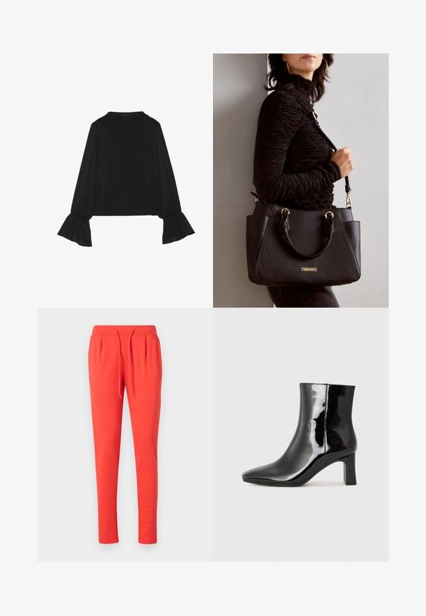 Black long-sleeve top featuring flared cuffs, soft texture, and a relaxed fit, with a simple round neckline.; Red jogger pants made of soft material with an elastic waistband and adjustable drawstring. Features a tapered leg design.; Black patent leather ankle boot with a pointed toe and a mid-height block heel. Smooth texture and minimalist design.; Black handbag with textured surface, dual top handles, and adjustable shoulder strap. Features gold-tone hardware and side pockets.