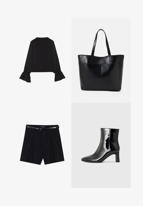 Czarny top z długim rękawem, z rozkloszowanymi mankietami, miękką fakturą i luźnym krojem, z prostym okrągłym dekoltem.; Czarne dopasowane szorty z plisami, z wąskim czarnym paskiem ze złotą klamrą. Wykonane z gładkiego materiału, zapewniają elegancki wygląd.; Czarne lakierowane botki za kostkę z wysmukłym noskiem i średniej wysokości obcasem w kształcie słupka. Gładka tekstura i minimalistyczny design.; Czarna skórzana torba na ramię z dwoma długimi uchwytami, gładką teksturą i sztywną formą. Posiada przednią kieszeń dla dodatkowego przechowywania.