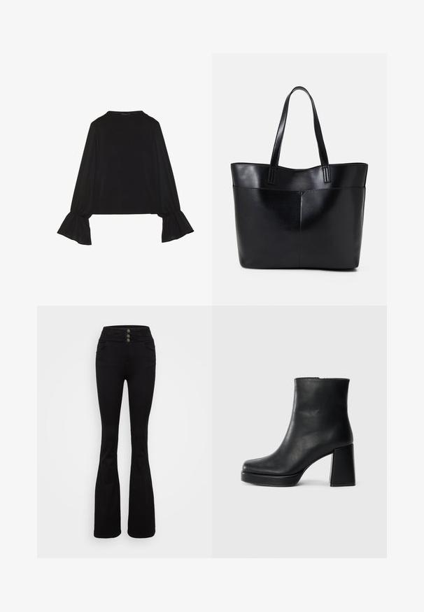 Black long-sleeve top featuring flared cuffs, soft texture, and a relaxed fit, with a simple round neckline.; Black flared jeans made of denim, featuring a high waist with three button closures, front pockets, and a smooth texture.; Black leather ankle boot with a block heel and platform sole, viewed from the side on a plain white background.; Black leather tote bag with two long handles, a smooth texture, and a structured shape. Features a front pocket for additional storage.