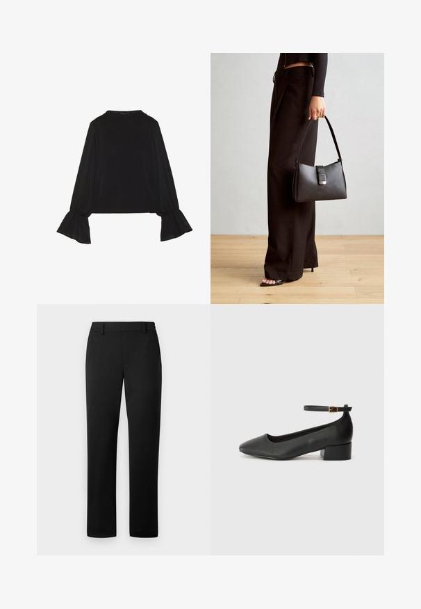 Top noir à manches longues avec des poignets évasés, texture douce et coupe décontractée, doté d'un col rond simple.; Pantalon noir avec une coupe droite, fabriqué dans un tissu lisse, doté d'une taille ajustée et de poches avant.; Escarpin en cuir noir avec un bout pointu et un petit talon bloc. Doté d'une bride de cheville avec une boucle dorée. Texture lisse.; Sac à main noir à la forme structurée, texture lisse et fermoir métallique. Associé à un pantalon noir ample et des sandales ouvertes sur un sol en bois.