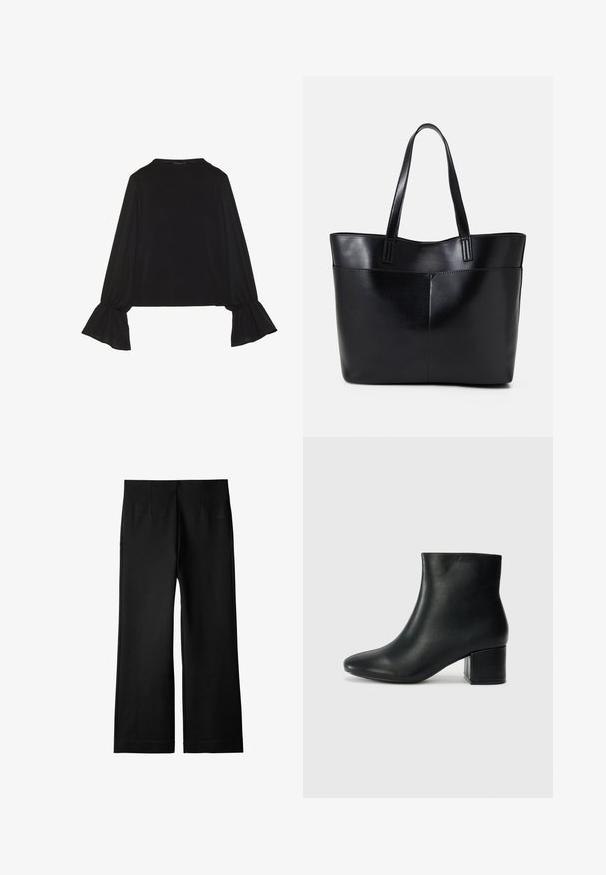 Musta pitkähihainen toppi, jossa on levenevät hihansuut, pehmeä rakenne ja rento fit, yksinkertaisella pyöreällä pääntiellä.; Mustat leveät housut, valmistettu sileästä ja kevyestä kankaasta; sisältää etusarjat ja suoran siluetin. Viimeistelty siistillä helman ompelulla.; Musta nahkasaappaat nilkkapituudella, jossa on terävä kärki ja paksu korko. Silkkinen pinta, jossa on minimaaliset yksityiskohdat ja tyylikäs, istuva muotoilu.; Musta nahkainen kassi, jossa on kaksi pitkää kahvaa, sileä pinta ja jämäkkä muoto. Sisältää etutaskun lisävarastointia varten.