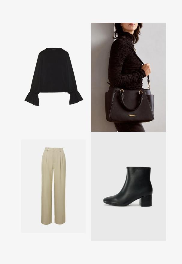 Svart langermet topp med utsvingte mansjetter, myk tekstur og avslappet passform, med enkel rund hals.; Beige videbukser laget av glatt stoff, med frontbrett, skreddersydd midjebånd og sidelommer. Ren kantfinish.; Sorte skinn ankelsko med spiss tå og chunky hæl. Glatt tekstur med minimale detaljer og et elegant, tettsittende design.; Svart håndveske med teksturert overflate, doble topphåndtak og justerbar skulderrem. Har detaljer i gulltone og sidelommer.