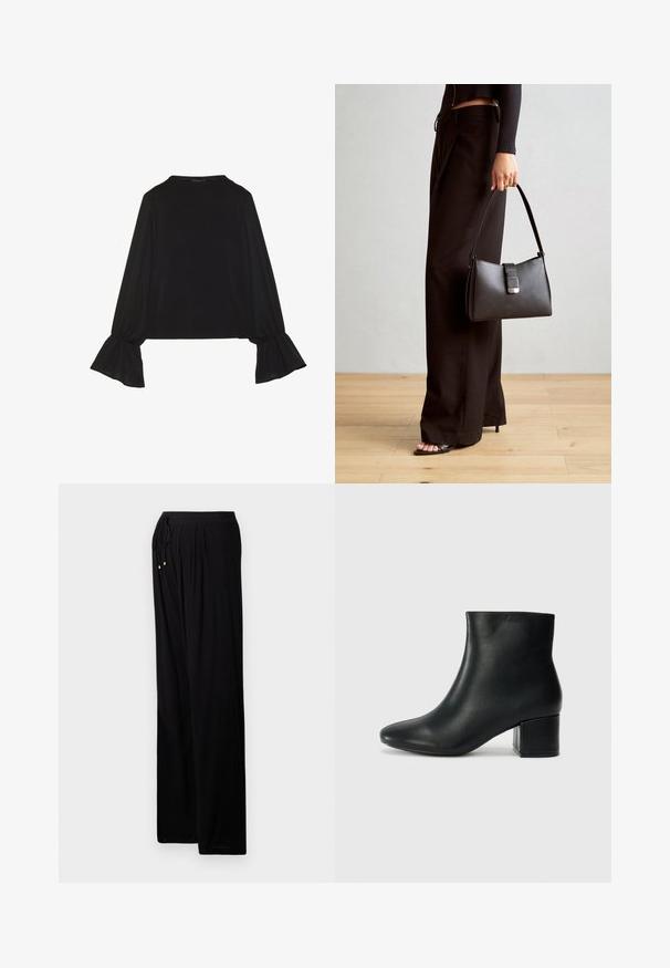 Fekete, hosszú ujjú felső, harang alakú mandzsettákkal, puha textúrával és laza szabással, egyszerű, kerek nyakkivágással.; Fekete, könnyű anyagú nadrág, laza szabással. Húzózsinóros derékrésze, pliszírozott elemei és arany díszítése van a húzózsinór végén.; Fekete bőr bokacsizma hegyes orral és vastag sarokkal. Sima felület minimális díszítéssel és karcsú, passzos kialakítással.; Fekete kézi táska strukturált formával, sima textúrával és fémből készült záródással. Széles fekete nadrággal és nyitott orrú szandállal párosítva, fából készült padlón.