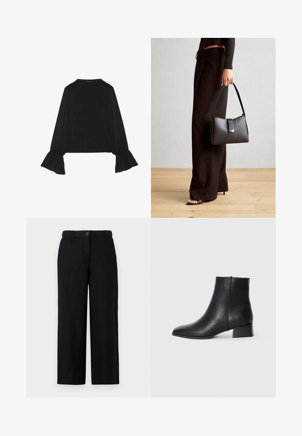 Top preto de mangas longas com punhos largos, textura suave e um corte descontraído, com um simples decote redondo.; Calças largas pretas feitas de um tecido leve, com fecho frontal em botão e passantes para cinto. Textura suave sem padrões visíveis.; Bota de tornozelo em couro preto com bico apontado e um salto bloco baixo, apresentando uma textura lisa e um design minimalista.; Bolsa preta com forma estruturada, textura suave e um fecho metálico. Combinada com calças largas pretas e sandálias de salto aberto sobre um chão de madeira.