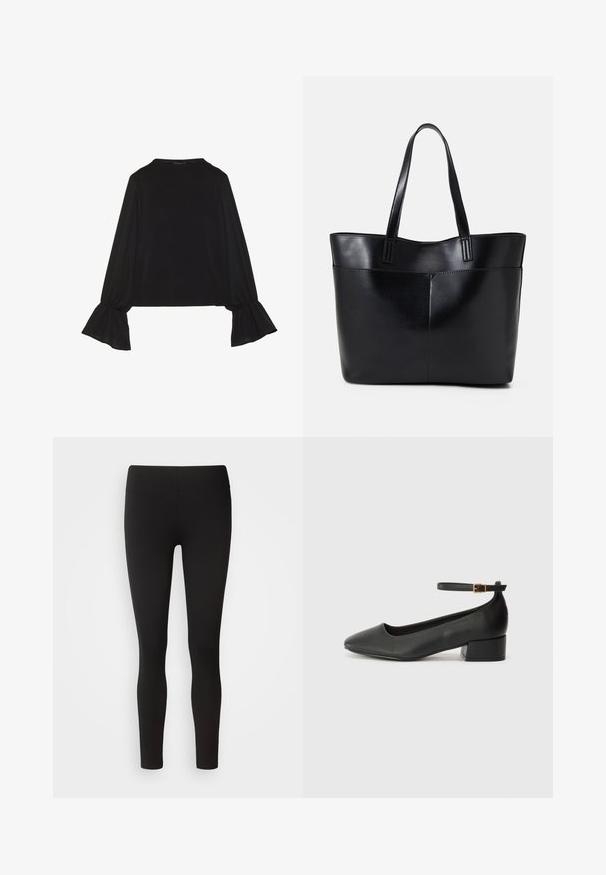 Zwarte langemouwen top met uitlopende manchetten, een zachte textuur en een relaxed fit, met een eenvoudige ronde halslijn.; Zwarte leggings gemaakt van rekbaar materiaal met een naadloze tailleband, figuurvolgend ontwerp en soepele textuur, geschikt voor verschillende activiteiten.; Zwarte leren pump met een spitse neus en een lage blokhak. Beschikt over een enkelband met een goudkleurige gespsluiting. Gladde textuur.; Zwarte leren tote bag met twee lange handvatten, een zachte textuur en een gestructureerde vorm. Voorzien van een voorvak voor extra opslagruimte.
