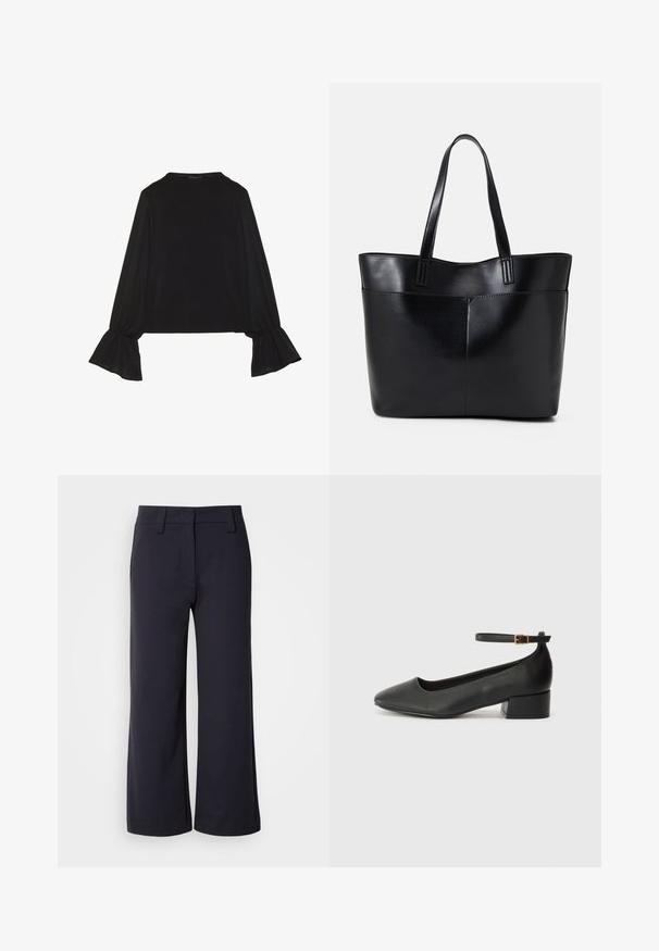 Mustsärgid musta tooniga, pika varrukaga, flöödid käised, pehme tekstuur ja vabalt langev lõige, lihtsa ümaraga kaelusega.; Laiad püksid tumedast mereväe kangast. Omavad lamedat esit, vöökohasid ja külgtaskuid. Materjal on sile ja veidi veniv.; Must mustaapp, millel on terav nina ja madal blokk-kand. Omab pahkluu rihma koos kuldse tooni pandlaga. Sile tekstuur.; Must mustaga musta nahast, millel on kaks pikka kanda, sile tekstuur ja struktureeritud kuju. Esipoolsel on lisakoti jaoks tasku.