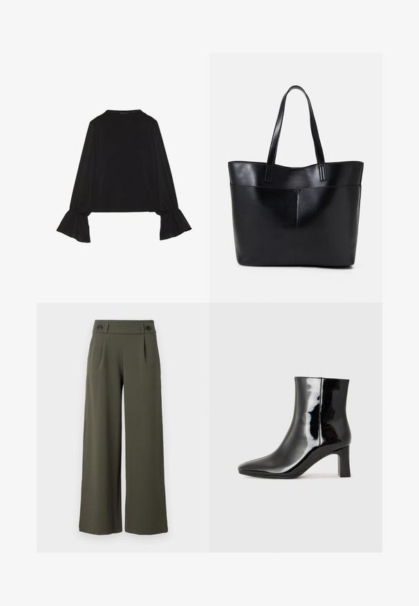 Svart langermet topp med utsvingte mansjetter, myk tekstur og avslappet passform, med enkel rund hals.; Bredde ben, olivengrønne bukser laget av glatt stoff; har to svarte knapper på midjebåndet og frontfalter for ekstra detaljer.; Sorte patentlær ankle boot med spiss tå og en mellomhøy blokkhelt. Glatt tekstur og minimalistisk design.; Svart lær toteveske med to lange håndtak, en glatt tekstur og en strukturert form. Har en frontlomme for ekstra oppbevaring.