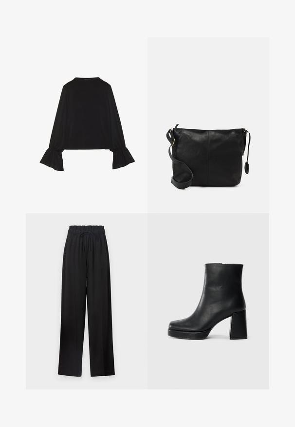Top preto de mangas longas com punhos largos, textura suave e um corte descontraído, com um simples decote redondo.; Calças largas pretas com um cós elástico e fecho de cordão. Feitas de um tecido suave sem padrões ou acessórios visíveis.; Bota de couro preta até ao tornozelo com salto bloco e sola com plataforma, vista de lado sobre um fundo branco liso.; Mala de ombro em couro preto com forma plana, detalhes em metal dourado e alça ajustável. Textura suave com detalhes de costura mínimos.