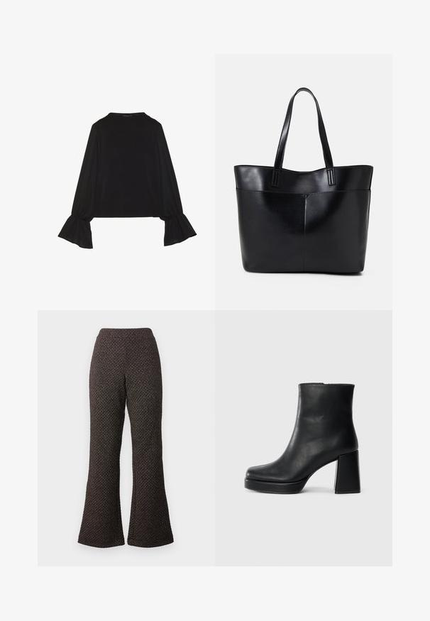 Black long-sleeve top featuring flared cuffs, soft texture, and a relaxed fit, with a simple round neckline.; Flared black pants made of textured fabric with a patterned weave, featuring a high waistband and wide legs.; Black leather ankle boot with a block heel and platform sole, viewed from the side on a plain white background.; Black leather tote bag with two long handles, a smooth texture, and a structured shape. Features a front pocket for additional storage.