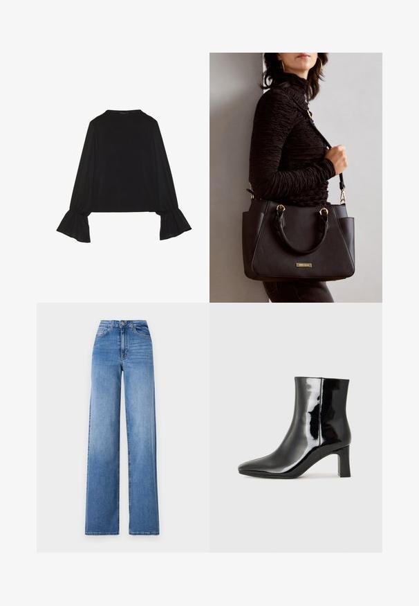 Črn dolg rokav vrh z razširjenimi manšetami, mehko teksturo in sproščenim krojem, z preprostim okroglim izrezom.; Svijetloplave široke traperice napravljene od denima, s visokim strukom, prednjim džepovima i standardnim kopčanjem na dugme. Glatka tekstura.; Črne lakirane gležnjarje z ošiljenim nosom in srednje visokim blokastim peto. Gladka tekstura in minimalističen dizajn.; Črna torbica z teksturirano površino, z dvema zgornjima ročajema in nastavljivim ramenskim pasom. Ima zlatovrateče dodatke in stranske žepe.