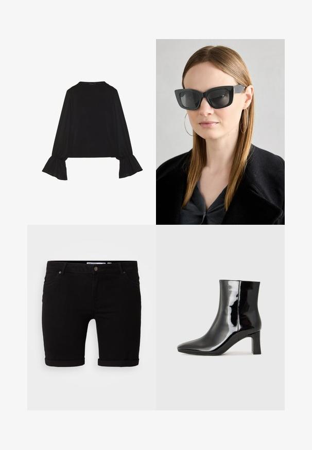 Schwarz langärmliges Oberteil mit ausgestellt geschnittenen Bündchen, weicher Textur und entspannter Passform, mit einem schlichten runden Halsausschnitt.; Schwarze Denim-Shorts mit geradem Schnitt, ausgestattet mit umgeschlagenen Säumen, einem Frontknopfverschluss und seitlichen Taschen. Glatte Textur und minimales Design.; Schwarzer Lackleder-Stiefelette mit spitzer Zehe und einem mittelhohen Blockabsatz. Glatte Textur und minimalistisches Design.; Schwarze Katzenaugen-Sonnenbrille mit dunklen Gläsern, dicken Rahmen und subtilen Akzenten. Getragen mit einem schwarzen Mantel und einem grauen Oberteil, dazu lange, glatte Haare.