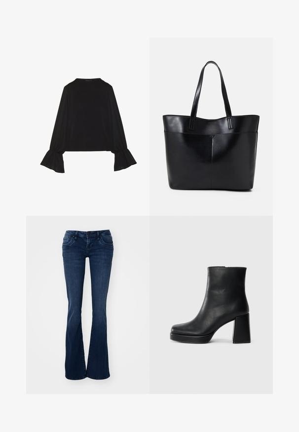 Czarny top z długim rękawem, z rozkloszowanymi mankietami, miękką fakturą i luźnym krojem, z prostym okrągłym dekoltem.; Ciemnoniebieskie dżinsy rozszerzane wykonane z denimu, z przednimi kieszeniami, zapięciem na guzik i gładką fakturą.; Czarne skórzane botki za kostkę z blokowym obcasem i platformą, widok z boku na białym tle.; Czarna skórzana torba na ramię z dwoma długimi uchwytami, gładką teksturą i sztywną formą. Posiada przednią kieszeń dla dodatkowego przechowywania.