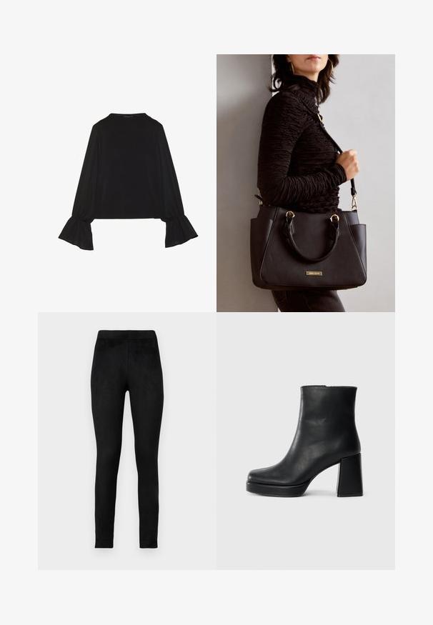 Top preto de mangas longas com punhos largos, textura suave e um corte descontraído, com um simples decote redondo.; Leggings pretos feitos de um tecido macio e elástico, com uma cintura alta e um corte ajustado. Textura suave sem padrões ou adornos visíveis.; Bota de couro preta até ao tornozelo com salto bloco e sola com plataforma, vista de lado sobre um fundo branco liso.; Bolsa preta com superfície texturizada, alças superiores duplas e alça de ombro ajustável. Apresenta ferragens em tom dourado e bolsos laterais.