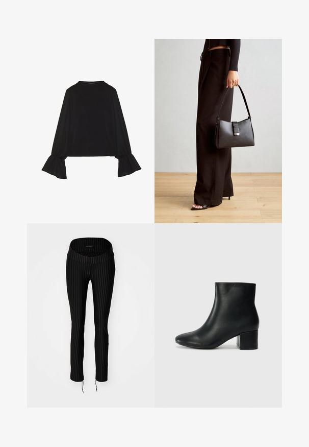 Black long-sleeve top featuring flared cuffs, soft texture, and a relaxed fit, with a simple round neckline.; Black pinstriped pants with a wide, folded waistband and drawstring hems. Made from a stretchy material, offering a fitted silhouette.; Black leather ankle boots with a pointed toe and a chunky heel. Smooth texture with minimal accents and a sleek, fitted design.; Black handbag with structured shape, smooth texture, and a metallic clasp. Paired with wide black pants and open-toe sandals on wooden floor.