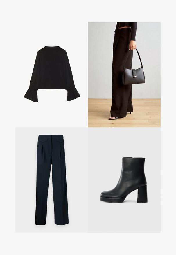 Maglietta nera a maniche lunghe con polsini svasati, texture morbida e vestibilità rilassata, con un semplice collo rotondo.; Pantaloni blu navy con design sartoriale, due pieghe frontali e due tasche posteriori. Realizzati in un tessuto liscio con un taglio dritto.; Stivale alla caviglia in pelle nera con tacco a blocco e suola platform, visto di lato su uno sfondo bianco uniforme.; Borsa nera con forma strutturata, texture liscia e una chiusura metallica. Abbinata a pantaloni neri larghi e sandali open-toe su un pavimento in legno.