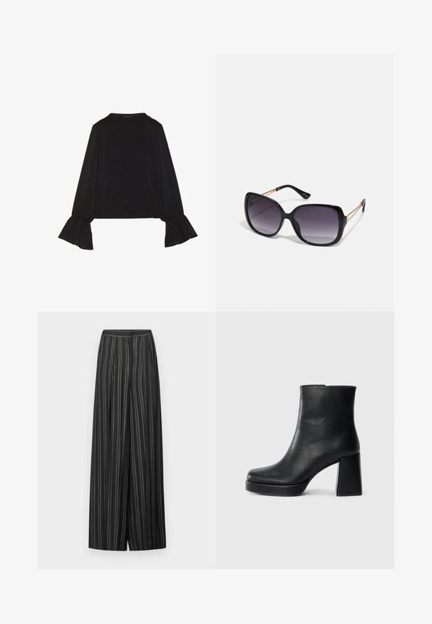 Črn dolg rokav vrh z razširjenimi manšetami, mehko teksturo in sproščenim krojem, z preprostim okroglim izrezom.; Črne široke hlače z navpičnimi sivimi črtami, s funkcijo visokega pasu in ravnim sprednjim delom, izdelane iz gladkega materiala z mehko teksturo.; Črne usnjene gležnjarje z blok peto in platformo, prikazane s strani na enobarvni beli podlagi.; Črne prevelike sončne očala z degradacijskimi lečami, debelimi okvirji in zlatimi verižicami na ročajih.; Črna torbica z strukturirano obliko, gladko teksturo in kovinskim zaponko. Ujemajo se z širokimi črnimi hlačami in odprtimi sandali na lesenem tleh.