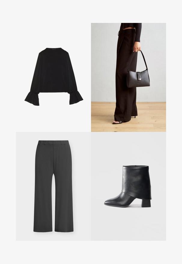 Juoda ilgomis rankovėmis palaidinė su išsiplėtusiais rankogaliais, minkšta tekstūra ir laisva forma, su paprastu apvaliu kaklu.; Juodos plačios kelnės su elastiniu liemeniu, pagamintos iš minkštos medžiagos. Lygi tekstūra be raštų ar akcentų, tinkamos kasdieniam dėvėjimui.; Juodos odinės kulkšnės botai su smailiu pirštu, lygiu paviršiumi ir standžiu blokiniu kulnu. Ypatybė - aukštas, sulankstytas užkulnis.; Juodas rankinė struktūrizuota forma, lygi tekstūra ir metalinis užsegimas. Suporuota su plačiomis juodomis kelnėmis ir atvirais bateliais ant medinių grindų.