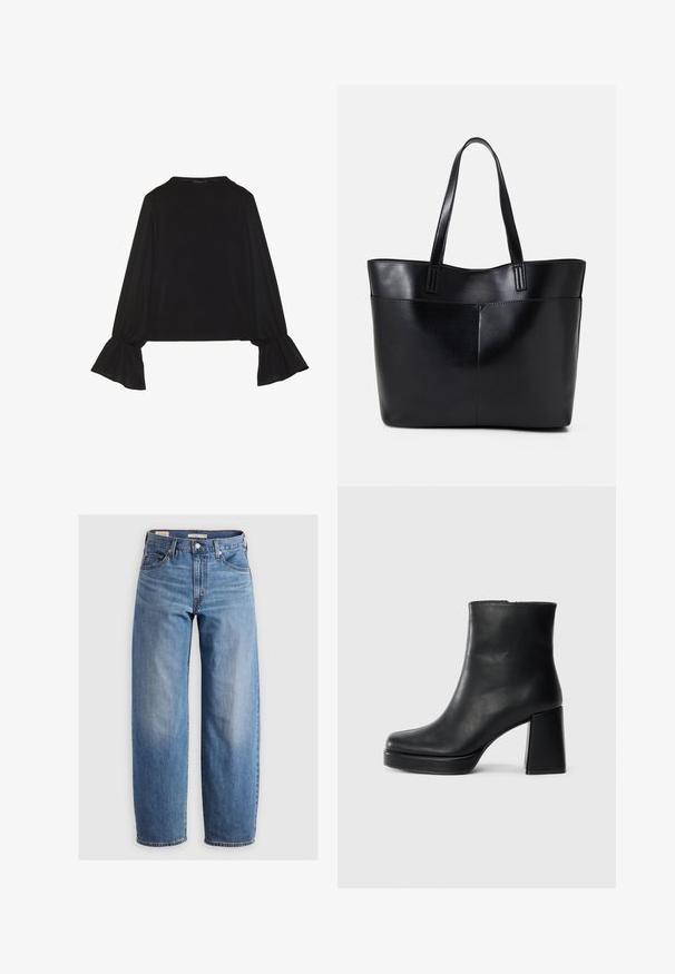Svart langermet topp med utsvingte mansjetter, myk tekstur og avslappet passform, med enkel rund hals.; Lys blå rette jeans laget av denim. Har en klassisk fem-lommers design og subtil falming langs bena.; Sorte skinnankelsko med blokkhæl og plattformsåle, sett fra siden på en enkel hvit bakgrunn.; Svart lær toteveske med to lange håndtak, en glatt tekstur og en strukturert form. Har en frontlomme for ekstra oppbevaring.