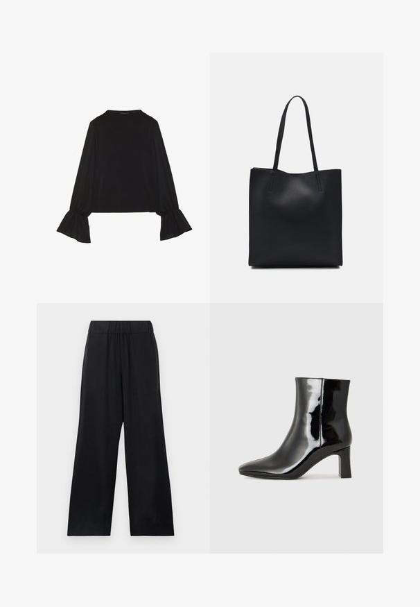 Top noir à manches longues avec des poignets évasés, texture douce et coupe décontractée, doté d'un col rond simple.; Pantalons larges noirs en tissu lisse, avec une taille élastique et sans fermetures ni motifs visibles.; Bottines en cuir verni noir avec un bout pointu et un talon block de hauteur moyenne. Texture lisse et design minimaliste.; Sac fourre-tout en cuir noir avec une texture lisse, de forme rectangulaire et deux longues poignées. Pas de matériel ou d'ornementations visibles.