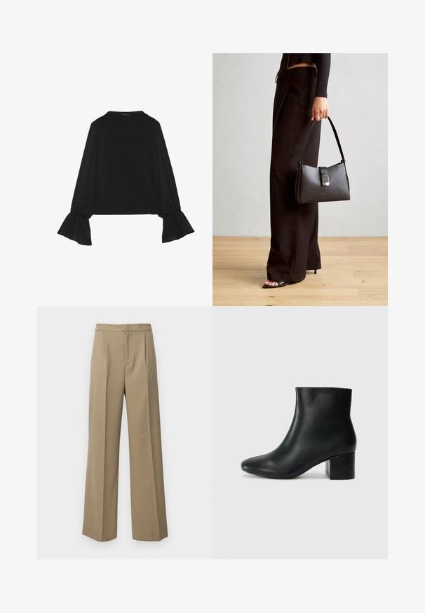 Svart langermet topp med utsvingte mansjetter, myk tekstur og avslappet passform, med enkel rund hals.; Beige vide bukser laget av et teksturert stoff. Har frontfolder og flat midje. Ingen synlige lukkemekanismer eller lommer.; Sorte skinn ankelsko med spiss tå og chunky hæl. Glatt tekstur med minimale detaljer og et elegant, tettsittende design.; Svart håndveske med strukturert form, jevn tekstur og metallisk lås. Kombinert med brede svarte bukser og sandaler med åpen tå på tregulv.