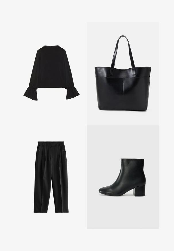 Maglietta nera a maniche lunghe con polsini svasati, texture morbida e vestibilità rilassata, con un semplice collo rotondo.; Pantaloni neri dalla linea ampia, con pieghe davanti e due tasche laterali con dettagli in bottone. Tessuto liscio e leggero.; Stivali neri in pelle fino alla caviglia con punta appuntita e tacco spesso. Texture liscia con minimi dettagli e un design elegante e aderente.; Borsa a tracolla in pelle nera con due manici lunghi, una texture liscia e una forma strutturata. Presenta una tasca frontale per ulteriore spazio di archiviazione.