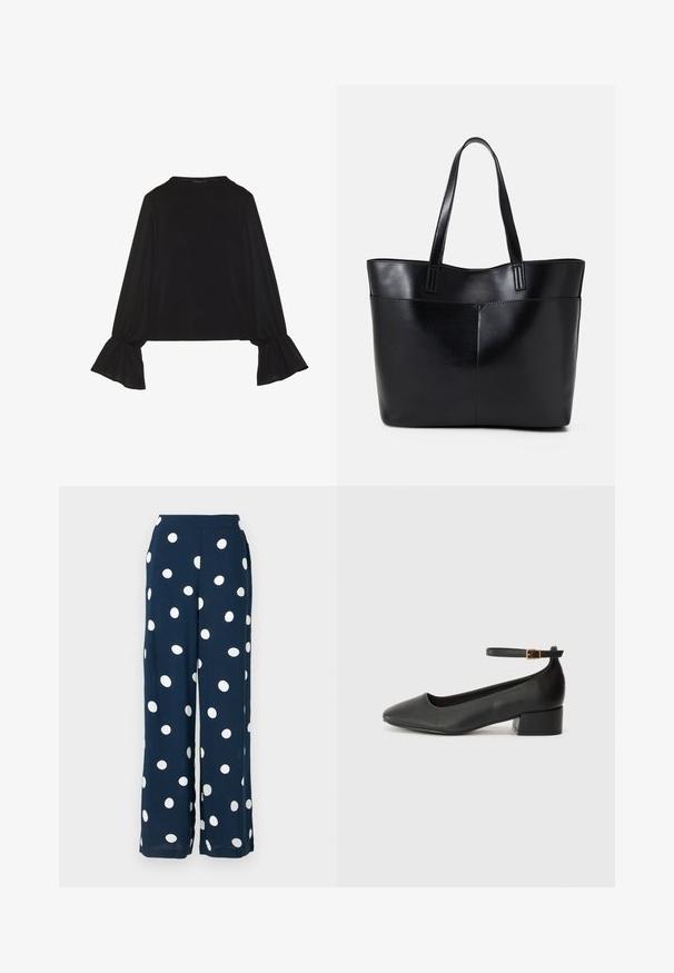 Fekete, hosszú ujjú felső, harang alakú mandzsettákkal, puha textúrával és laza szabással, egyszerű, kerek nyakkivágással.; Tengerészkék, laza szabású nadrág, könnyű anyagból készült, nagy fehér pöttyökkel, sima derékkal.; Fekete bőr magassarkú cipő hegyes orral és alacsony tömb sarkal. Bokapánttal rendelkezik, aranyszínű csattal. Simább textúra.; Fekete bőr bevásárlótáska két hosszú fogantyúval, sima felülettel és strukturált formával. Elülső zseb található rajta a plusz tárolás érdekében.
