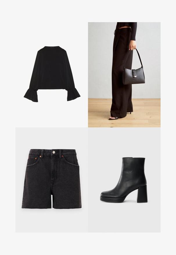 Čierny top s dlhými rukávmi, flitrovanými manžetami, mäkkou textúrou a voľným strihom, s jednoduchým okrúhlym výstrihom.; Čierne džínsové šortky s vysokým pásom, prednými vreckami, medenými nitmi a zapínaním na gombík. Majú hladkú textúru a rovný strih nohavíc.; Čierne kožené členkové topánky s blokovým podpätkom a platformovou podrážkou, zobrazené z boku na bielom pozadí.; Čierna kabelka so štruktúrovaným tvarom, hladkou textúrou a kovovou sponou. V kombinácii so širokými čiernymi nohavicami a sandálmi s otvorenou špičkou na drevenej podlahe.