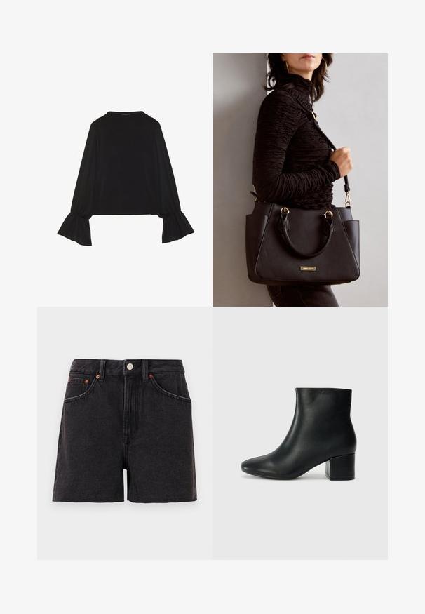 Černý top s dlouhými rukávy, který má rozšířené manžety, jemnou texturu a volný střih, s jednoduchým kulatým výstřihem.; Černé denimové kraťasy s vyšším pasem, předními kapsami, měděnými nýty a zapínáním na knoflík. Mají hladkou texturu a rovný střih nohavic.; Černé kožené kotníkové boty s špičatou špičkou a robustním podpatkem. Hladký povrch s minimálními akcenty a elegantním, přiléhavým designem.; Černá kabelka s texturovaným povrchem, dvojitými horními uchy a nastavitelným ramenním popruhem. Obsahuje zlaté kovové prvky a boční kapsy.