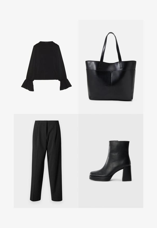 Svart langermet topp med utsvingte mansjetter, myk tekstur og avslappet passform, med enkel rund hals.; Sorte skreddersydde bukser med rett ben-design, med teksturert stoff, frontfolder og en glatt midjebånd.; Sorte skinnankelsko med blokkhæl og plattformsåle, sett fra siden på en enkel hvit bakgrunn.; Svart lær toteveske med to lange håndtak, en glatt tekstur og en strukturert form. Har en frontlomme for ekstra oppbevaring.