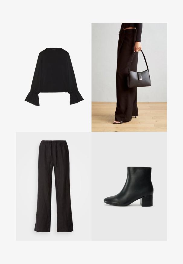 Maglietta nera a maniche lunghe con polsini svasati, texture morbida e vestibilità rilassata, con un semplice collo rotondo.; Pantaloni neri, larghi, con una fascia in vita elastica e cordoncino. Realizzati in un tessuto leggero con una texture liscia e gamba dritta.; Stivali neri in pelle fino alla caviglia con punta appuntita e tacco spesso. Texture liscia con minimi dettagli e un design elegante e aderente.; Borsa nera con forma strutturata, texture liscia e una chiusura metallica. Abbinata a pantaloni neri larghi e sandali open-toe su un pavimento in legno.
