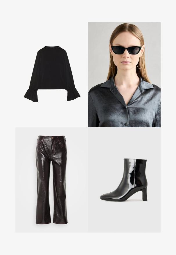 Svart langermet topp med utsvingte mansjetter, myk tekstur og avslappet passform, med enkel rund hals.; Skinnende mørk burgunder brede jeans med en blank overflate, kontrasterende rosa sømmer, frontlommer og en knappelukking i livet.; Sorte patentlær ankle boot med spiss tå og en mellomhøy blokkhelt. Glatt tekstur og minimalistisk design.; Svarte katteøye solbriller med glansfull finish, iført en teksturert grå skjorte med knapper og krage. Store hoop-øreringer er synlige.