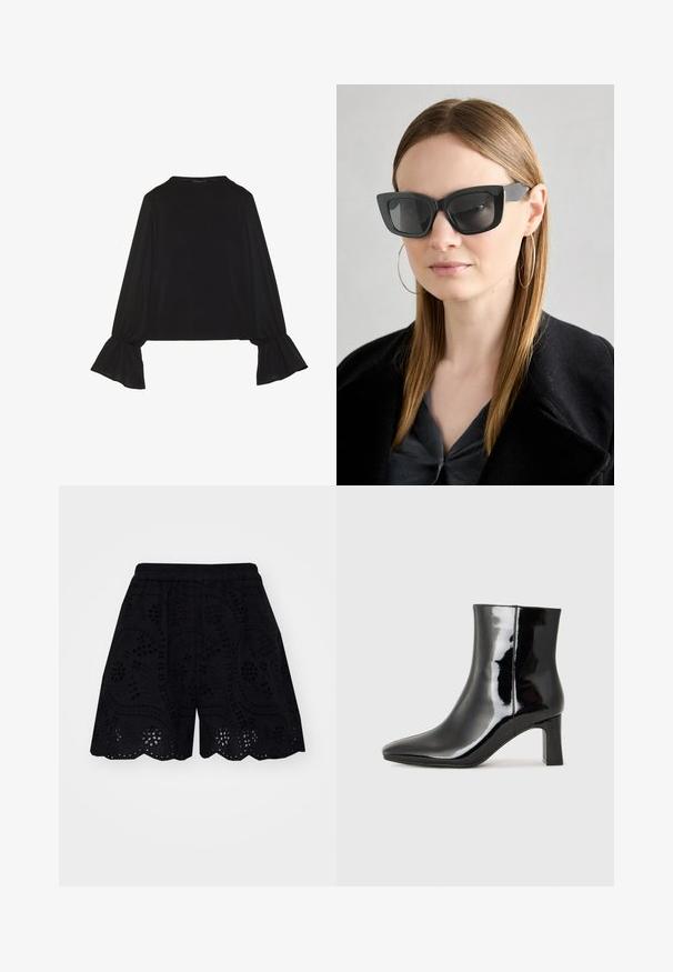 Mustsärgid musta tooniga, pika varrukaga, flöödid käised, pehme tekstuur ja vabalt langev lõige, lihtsa ümaraga kaelusega.; Mustad lühikesed püksid, millel on keerukalt tikitud lõike mustrid, laineline serv ja elastne vöökoht mugavuse tagamiseks.; Must-sinine nahkjalats musta läikiva viimistlusega, millel on terav nina ja keskmise kõrgusega plokk konts. Sile tekstuur ja minimalistik disain.; Must musta prillid tumedate läätsedega, paksude raamidega ja tagasihoidlike aktsentidega. Kantud musta jope ja halli särkiga, pikki sirgeid juukseid kandes.