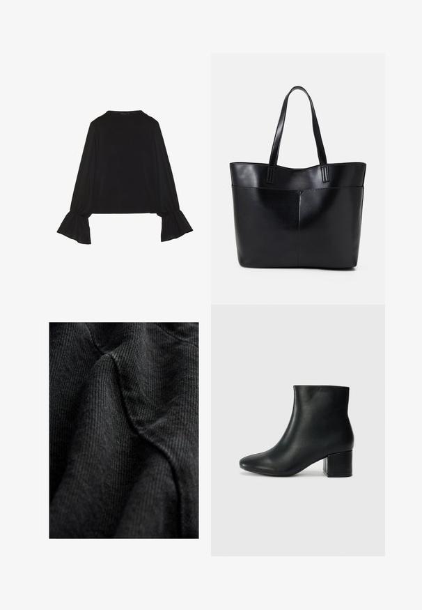 Fekete, hosszú ujjú felső, harang alakú mandzsettákkal, puha textúrával és laza szabással, egyszerű, kerek nyakkivágással.; Fekete, textúrált szövet szőtt mintával, lágy, sima vonalakkal és enyhe fényességgel, amit úgy helyeztek el, hogy kiemelje a kontúrokat és a mélységet.; Fekete bőr bokacsizma hegyes orral és vastag sarokkal. Sima felület minimális díszítéssel és karcsú, passzos kialakítással.; Fekete bőr bevásárlótáska két hosszú fogantyúval, sima felülettel és strukturált formával. Elülső zseb található rajta a plusz tárolás érdekében.
