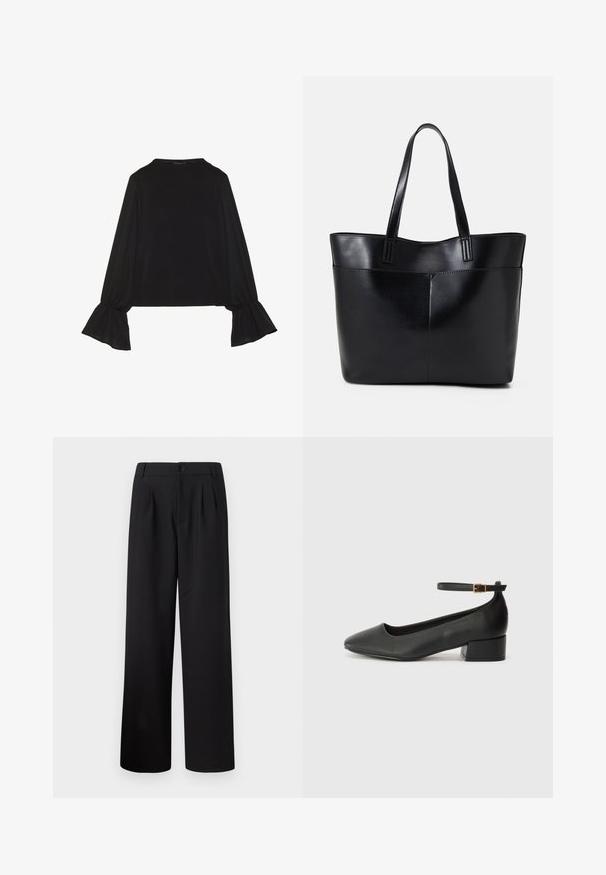 Black long-sleeve top featuring flared cuffs, soft texture, and a relaxed fit, with a simple round neckline.; Black wide-leg trousers with pleats, high waist, button closure, and smooth fabric texture. No pockets visible in the design.; Black leather pump with a pointed toe and a low block heel. Features an ankle strap with a gold-tone buckle. Smooth texture.; Black leather tote bag with two long handles, a smooth texture, and a structured shape. Features a front pocket for additional storage.