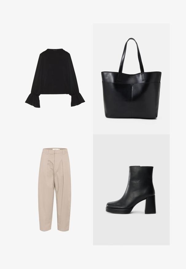 Zwarte langemouwen top met uitlopende manchetten, een zachte textuur en een relaxed fit, met een eenvoudige ronde halslijn.; Beige, katoenen broek in een losse pasvorm, met voorplooien, een taillenaad en cropped enkels. Eenvoudig ontwerp, zonder patronen of accenten.; Zwarte leren enkelboot met een blokhak en platformzool, zijaanzicht op een effen witte achtergrond.; Zwarte leren tote bag met twee lange handvatten, een zachte textuur en een gestructureerde vorm. Voorzien van een voorvak voor extra opslagruimte.