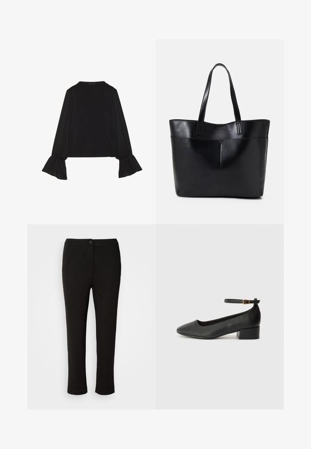 Black long-sleeve top featuring flared cuffs, soft texture, and a relaxed fit, with a simple round neckline.; Marc O'Polo MEDIUM WAIST SLIM LEG ANKLE LENGTH LOOK - Trousers - black; Black leather pump with a pointed toe and a low block heel. Features an ankle strap with a gold-tone buckle. Smooth texture.; Black leather tote bag with two long handles, a smooth texture, and a structured shape. Features a front pocket for additional storage.