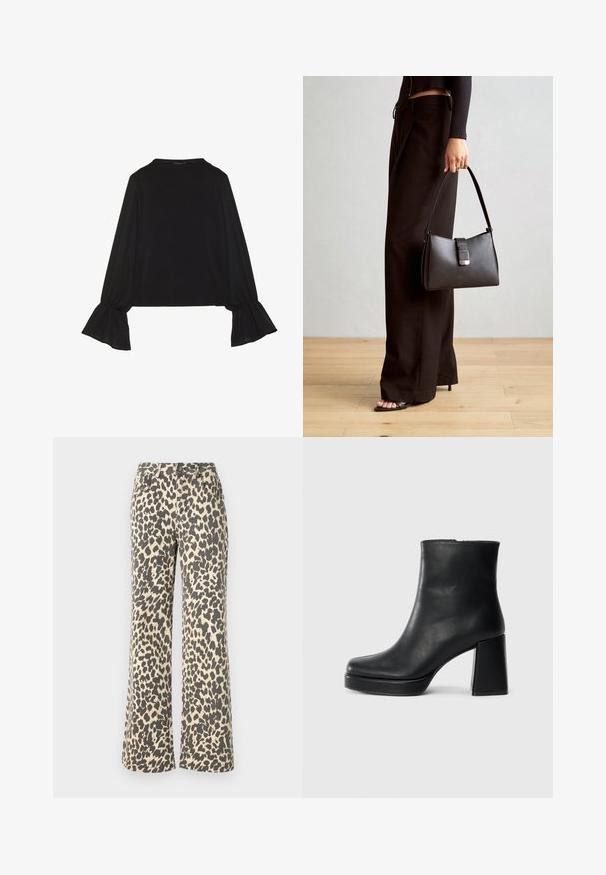 Melna garām piedurknēm krekls ar izplestu aproču, maigu tekstūru un brīvu piegriezumu, ar vienkāršu apaļu dekoltē.; Leoparda raksta džinsu bikses ar augstu jostasvietu, gaiši brūns pamats un tumši brūni plankumi; platākas kāju dizains; izturīga auduma ar mīkstu faktūru.; Melna ādas potīšu zābaku ar bloku papēdi un platformas zoli, skatīts no sāna uz vienkārša balta fona.; Melnā somiņa ar strukturētu formu, gludu tekstūru un metālu sprādzi. Saskaņota ar platām melnām biksēm un sandālēm ar atvērtu purngalu uz koka grīdas.