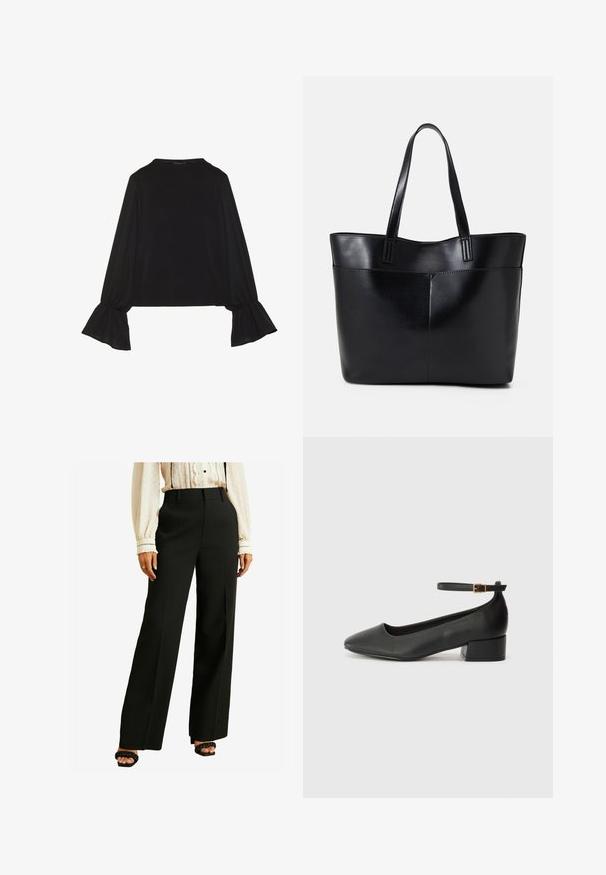 Melna garām piedurknēm krekls ar izplestu aproču, maigu tekstūru un brīvu piegriezumu, ar vienkāršu apaļu dekoltē.; Platas melnas bikses ar augstu jostasvietu un gludu audumu. Apvienotas ar vieglu, teksturētu blūzi un melnām sandālēm ar siksniņām.; Melnas ādas sūkņi ar smailu purngalu un zemu bloku papēdi. Iezīmēts ar potītes siksniņu ar zelta krāsas sprādzi. Gluda tekstūra.; Melnas ādas iepirkumu soma ar divām garām rokturām, gludu tekstūru un strukturētu formu. Iekļauj priekšējo kabatu papildu uzglabāšanai.