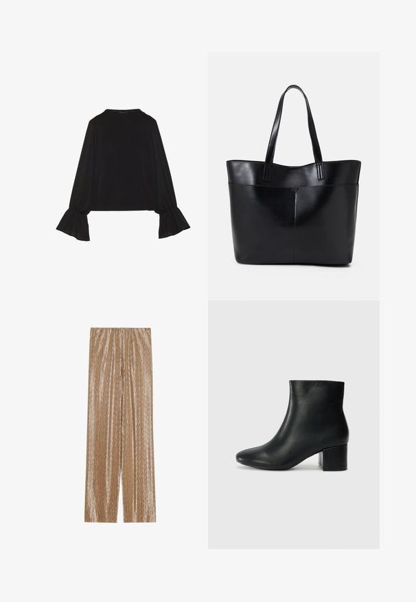 Juoda ilgomis rankovėmis palaidinė su išsiplėtusiais rankogaliais, minkšta tekstūra ir laisva forma, su paprastu apvaliu kaklu.; Šviesiai rudos spalvos klostuotos kelnės, pagamintos iš blizgaus audinio, su tekstūruotu zigzago raštu ir elastinga juosmens juosta patogumui.; Juodos odinės aulinės botai su smailiu priekiniu pirštu ir storu kulnu. Lygus tekstūra su minimaliomis detalėmis ir elegantišku, tvirtai priglundančiu dizainu.; Juoda odinė rankinė su dviem ilgais diržais, lygiu paviršiumi ir struktūrizuota forma. Yra priekinė kišenė papildomam saugojimui.