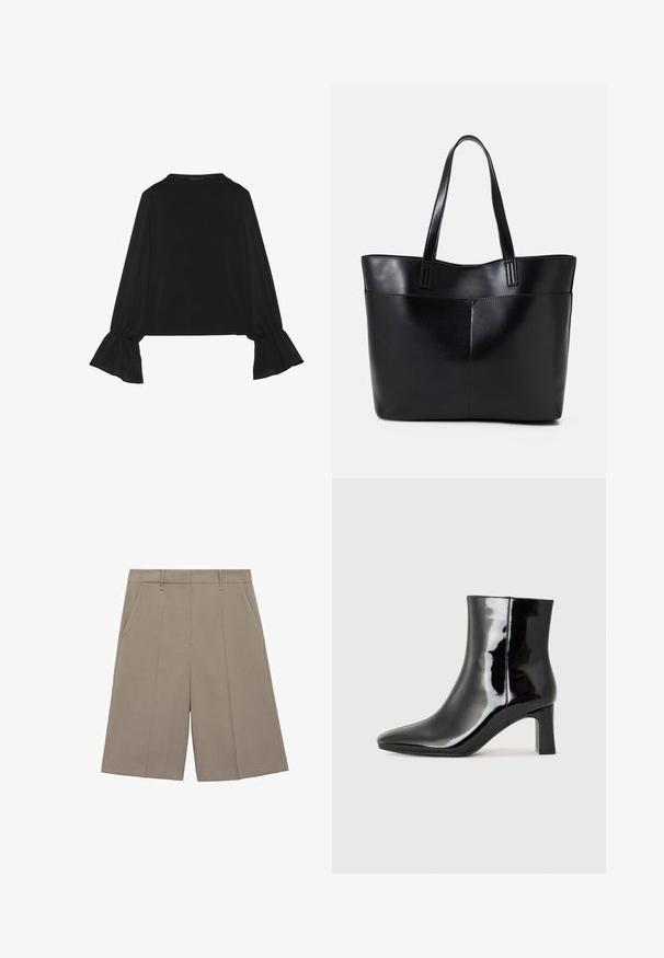 Maglietta nera a maniche lunghe con polsini svasati, texture morbida e vestibilità rilassata, con un semplice collo rotondo.; Pantaloni corti plissettati beige con taglio dritto, dotati di passanti per cintura e tasche laterali. Realizzati in tessuto liscio e leggero.; Stivaletto in pelle verniciata nera con punta a punta e tacco a blocco di altezza media. Texture liscia e design minimalista.; Borsa a tracolla in pelle nera con due manici lunghi, una texture liscia e una forma strutturata. Presenta una tasca frontale per ulteriore spazio di archiviazione.